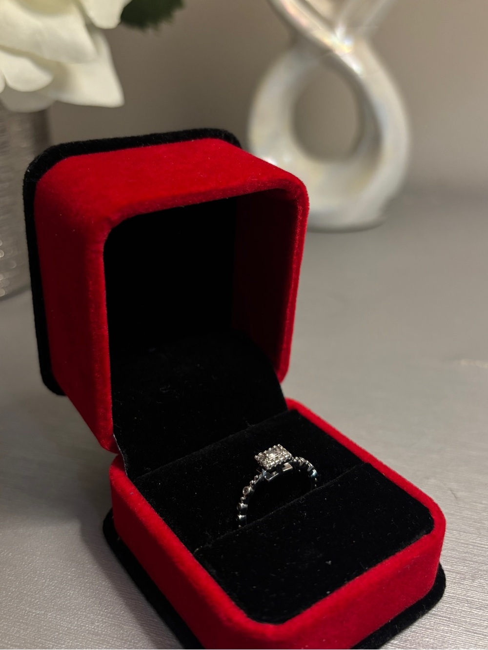 Silver Cubic Zirconia Princess Cut Ring in Red Velvet Box